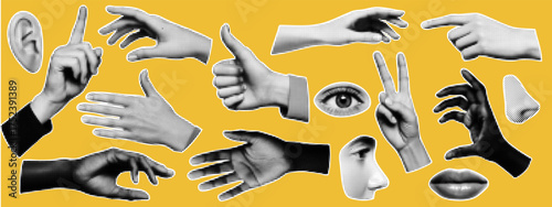 Punk Hands Collage Kit. A rebel mouth element with yellow sticker and retro design for a grunge poster..