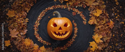 Zucca di Halloween intagliata (Jack-o'-lantern) al centro di una spirale di foglie autunnali su sfondo scuro.