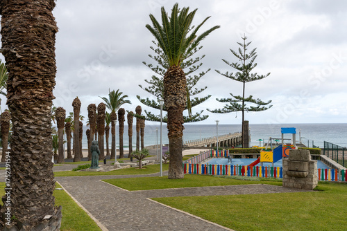 Porto Santo, Madeira, Portugal - 03.24.2025: Park and pier in Vila Baleira of Porto Santo, Madeira, Portugal