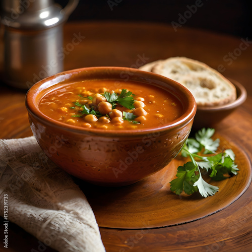 Moroccan Chickpea Soup A Hearty Bowl of Comforting Flavors with Bread and Fresh Herbs