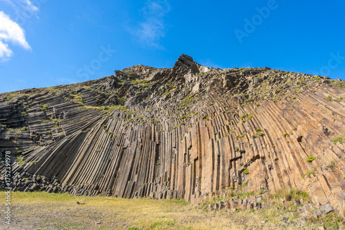 Volcanic basalt hexagonal columns  in Pico de Ana Ferreira on Porto Santo Island, Madeira, Portugal