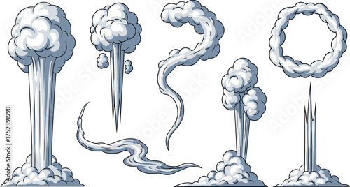 A versatile collection of dynamic cartoon smoke and steam effects, featuring various plumes, bursts, and swirling vapor clouds to enhance visual impact in graphic design