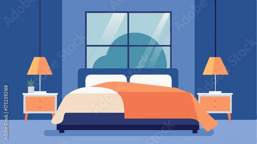 A serene bedroom with a plush bed adorned with layered blankets bedside tables with lamps and a large window framing a tranquil view.