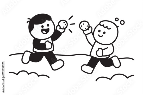 Children enjoying a playful snowball fight silhouette a white background