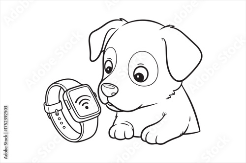 Cute puppy looks at smart pet tracker device silhouette a white background