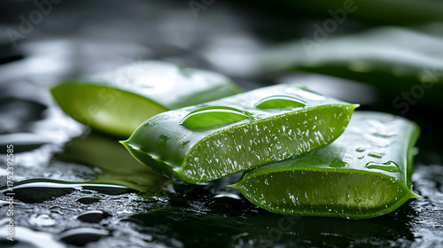 Fresh aloe vera leaves with droplets, showcasing vibrant green color and texture against a dark background.