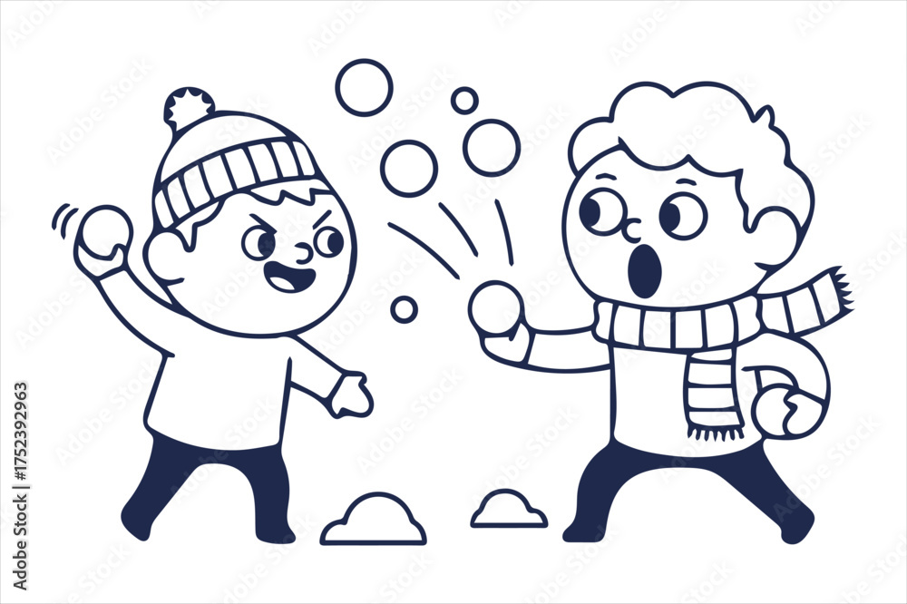 Fototapeta premium Children enjoying a lively snowball fight outdoors silhouette a white background
