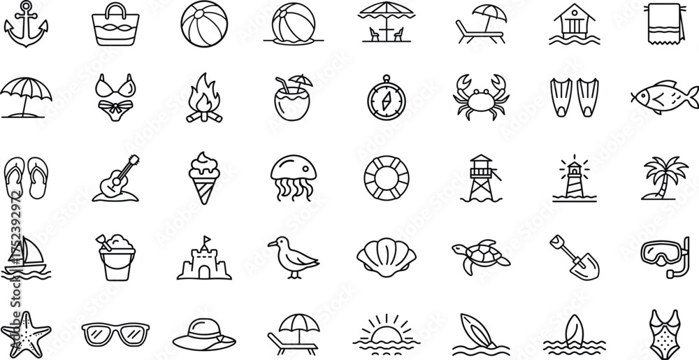 Fototapeta premium Beach Vector Icon Set | Summer, Travel, Sea, Vacation, Palm Tree, Sun, Surf & Holiday Outline Icons