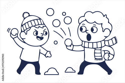 Children enjoying a lively snowball fight outdoors silhouette a white background