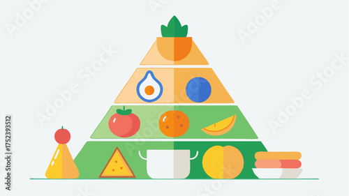 A visual representation of the food pyramid tailored for home cooks emphasizing balanced meals with sections for proteins grains vegetables fruits and fats.