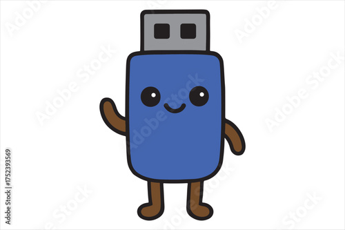 Cute cartoon blue usb drive character waving silhouette a white background
