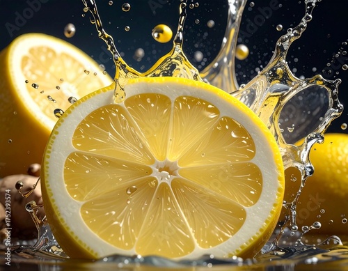 Zesty Lemon Splash: A vibrant lemon half bursts, creating a refreshing splash of juice, a testament to the refreshing experience, a healthy and energetic boost.