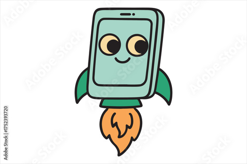 Smartphone rocket ship cartoon flying fast silhouette a white background