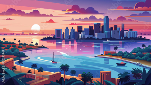 Very beautiful aerial view of Biscayne Bay at sunset, pastel sky reflecting on the water with the Miami skyline silhouetted on the horizon.
