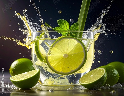  Refreshing Lime Splash: The image showcases a refreshing lime drink, capturing the invigorating essence of citrus with vibrant visuals, featuring a glass of water with limes, mint, ice and straw.