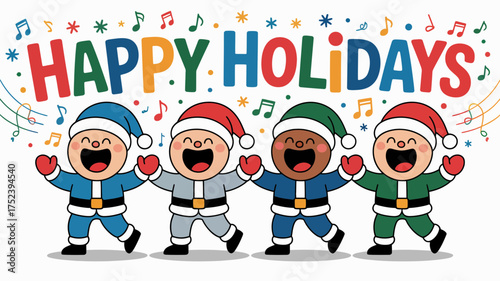 Joyful diverse children wearing santa hats and festive outfits singing together happily with colorful musical notes and snowflakes celebrating the holidays