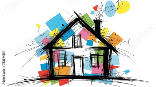 Abstract artistic sketch of a house with colorful geometric shapes and whimsical lines creating a sense of vibrant energy and creativity