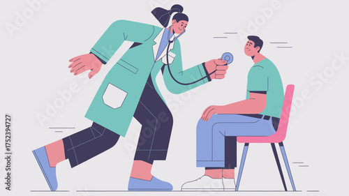 Friendly female doctor wearing a teal coat and stethoscope examines a seated male patient in a modern clinic setting with a minimalist style