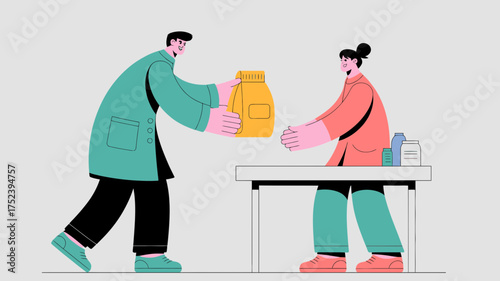 A healthcare professional hands a yellow package to a colleague over a counter with medical bottles on it