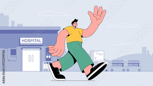 Joyful man waving hello as he walks away from hospital building after recovery and discharge from medical care
