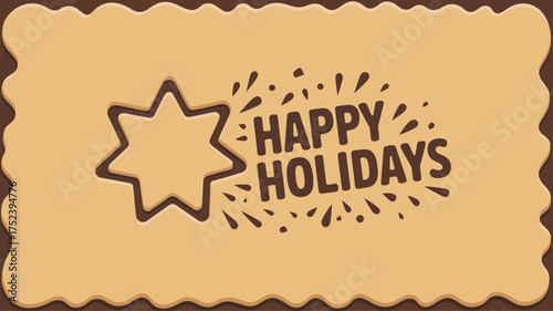 Happy holidays greeting card design with a star shaped cookie cutter impression and chocolate sprinkles on a cookie background