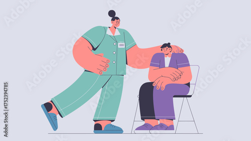 Caring nurse gently comforting a sad and anxious patient sitting on a chair offering emotional support and empathy