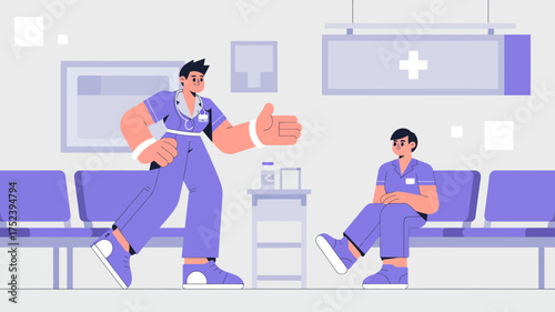 Two cartoon medical professionals in purple scrubs in a waiting room with one giving a thumbs up and the other sitting patiently