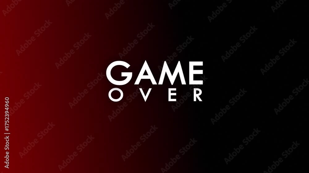 dramatic game over text animation with chromatic aberration and glitch effects on a dark red and black split screen background for gaming streams and videos