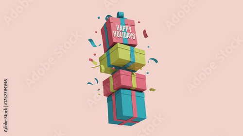 A stack of colorful gift boxes with happy holidays text and confetti floating around them against a soft pink background