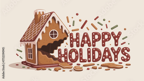 Whimsical gingerbread house with icing and sprinkles spells out happy holidays with scattered cookie pieces on a light background