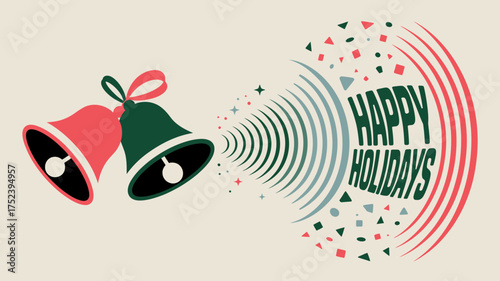 Festive holiday greeting with ringing bells and confetti creating a joyful sound wave effect with the words happy holidays