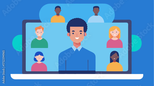 A focused individual using video conferencing tools on their laptop showing a virtual meeting interface with multiple participants on the screen.