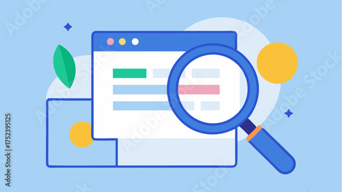 A magnifying glass over a webpage depicting SEO strategies to attract visitors and generate leads through organic search.