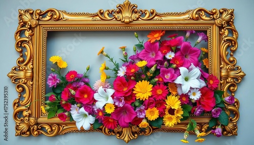 Ornate gilded frame overflowing with vibrant summer blooms,  macro,  design element