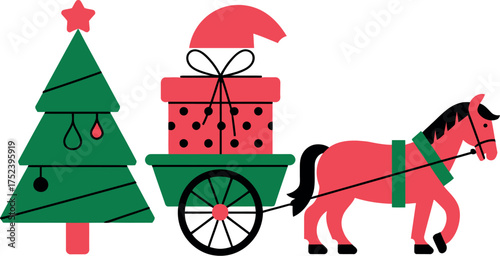 Vector art of horse drawn christmas cart with tree and gifts
