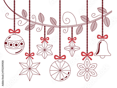 Vector art of christmas ornaments hanging on a branch, holiday decor