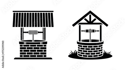 Vector art of two black and white wishing wells