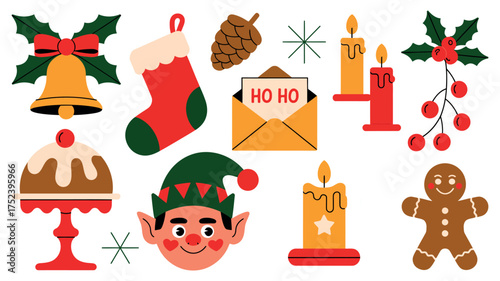 Vector art of christmas elements with bell, stocking, pudding, elf, and candle