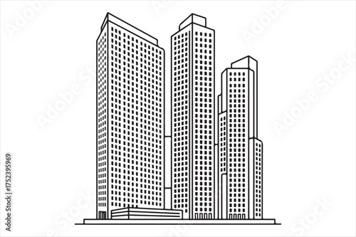 Architectural sketch of modern city skyscrapers silhouette a white background