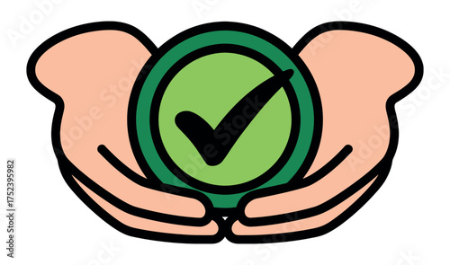 Vector art of hands holding a green check mark for approval concept