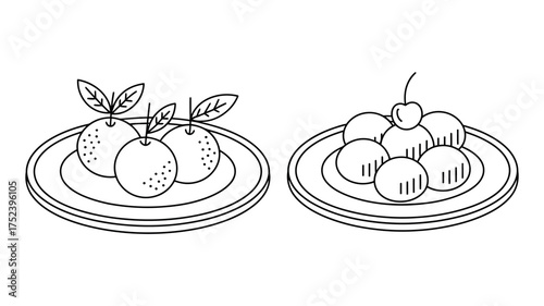 Vector art of two plates of fruit in black and white drawing