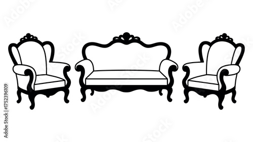 Vector art of ornate sofa and armchairs in black and white