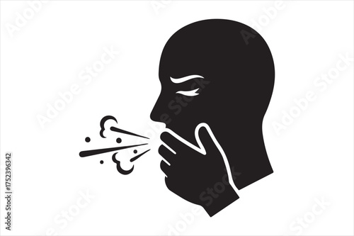 Silhouette of person coughing expelling germs silhouette a white background