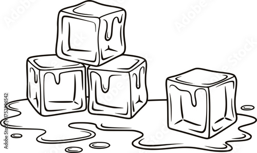 Black and white line drawing of melting ice cubes water liquid