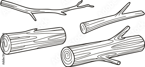 Black and white line drawing of wooden logs and branches timber natural