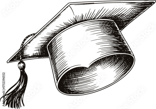 Black and white sketch of a graduation cap with tassel academic cap mortarboard