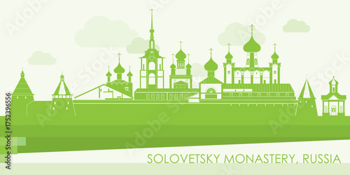 Green panorama of Solovetsky Monastery, Russia - vector illustration
