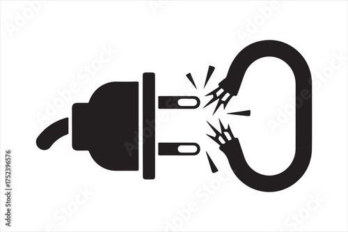 Damaged electrical plug and cable sparking danger silhouette a white background