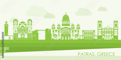 Green Skyline panorama of city of Patras, Greece - vector illustration