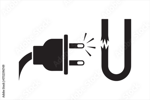 Damaged electrical cord and plug symbol silhouette a white background